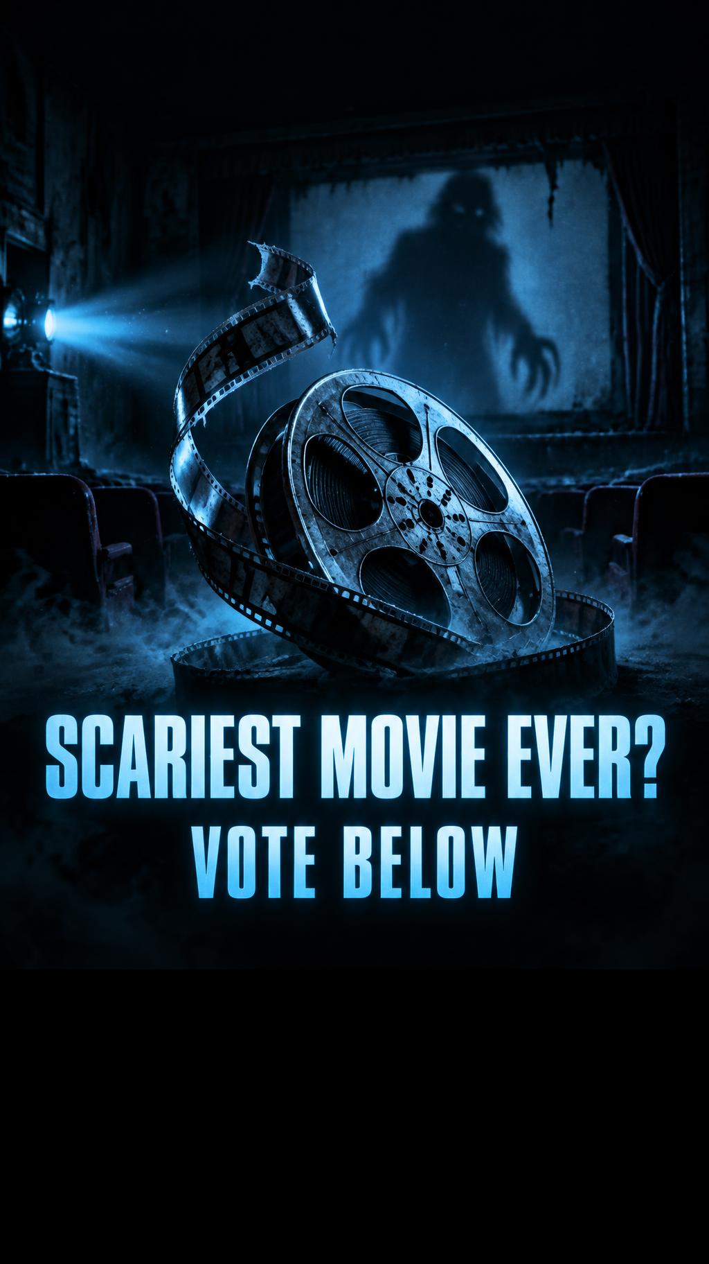 "SCARIEST MOVIE EVER?
VOTE BELOW" — Blue Cinema Horror | AI Text Effect Generator