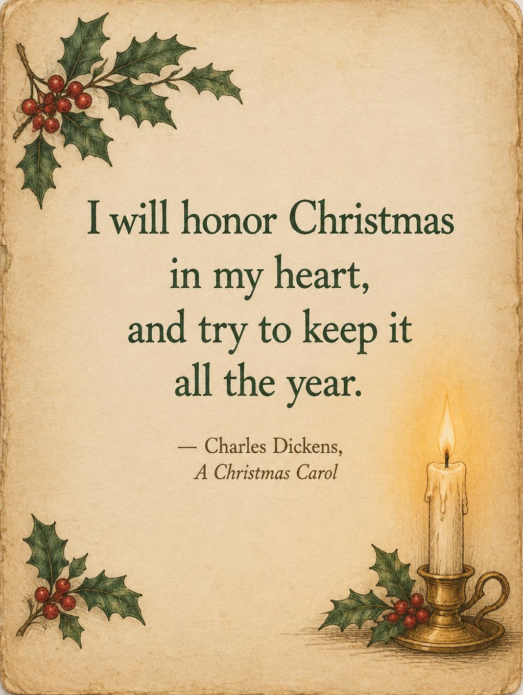 "I will honor Christmas in my heart, and try to keep it all the year.
— Charles Dickens, A Christmas Carol" — Candlelit Storybook | AI Text Effect Generator