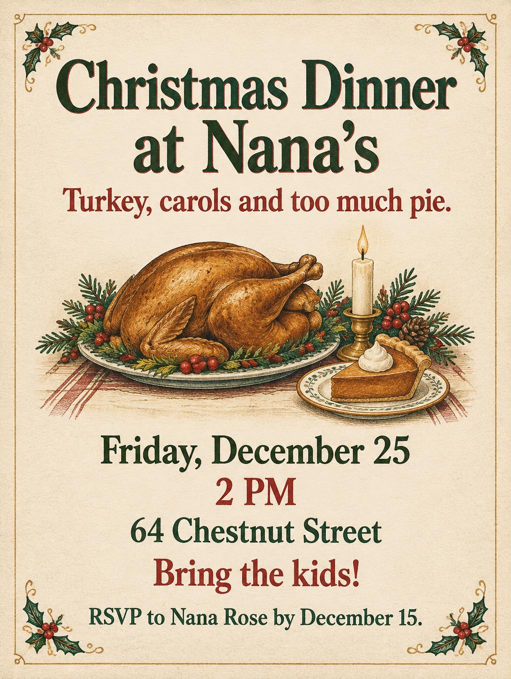 "Christmas Dinner at Nana's
Turkey, carols and too much pie.
Friday, December 25
2 PM
64 Chestnut Street
Bring the kids!
RSVP to Nana Rose by December 15." — Storybook Letterpress | AI Text Effect Generator