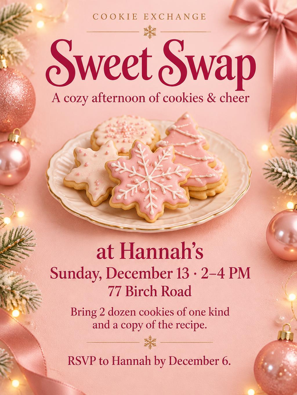 Sweet Swap
COOKIE EXCHANGE
A cozy afternoon of cookies & cheer
at Hannah's
Sunday, December 13 · 2–4 PM
77 Birch Road
Bring 2 dozen cookies of one kind and a copy of the recipe.
RSVP to Hannah by December 6.