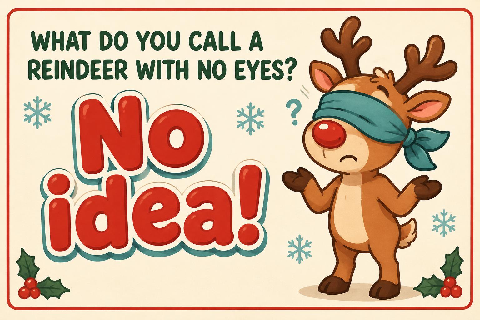 "What do you call a reindeer with no eyes?
No idea!" — Cheerful Card Cartoon | AI Text Effect Generator