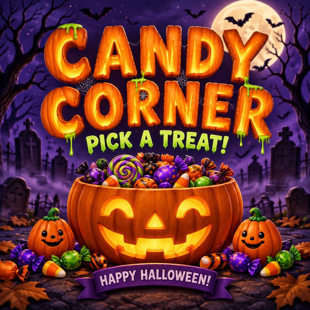 "CANDY CORNER
PICK A TREAT!
HAPPY HALLOWEEN!" — Halloween | AI Text Effect Generator