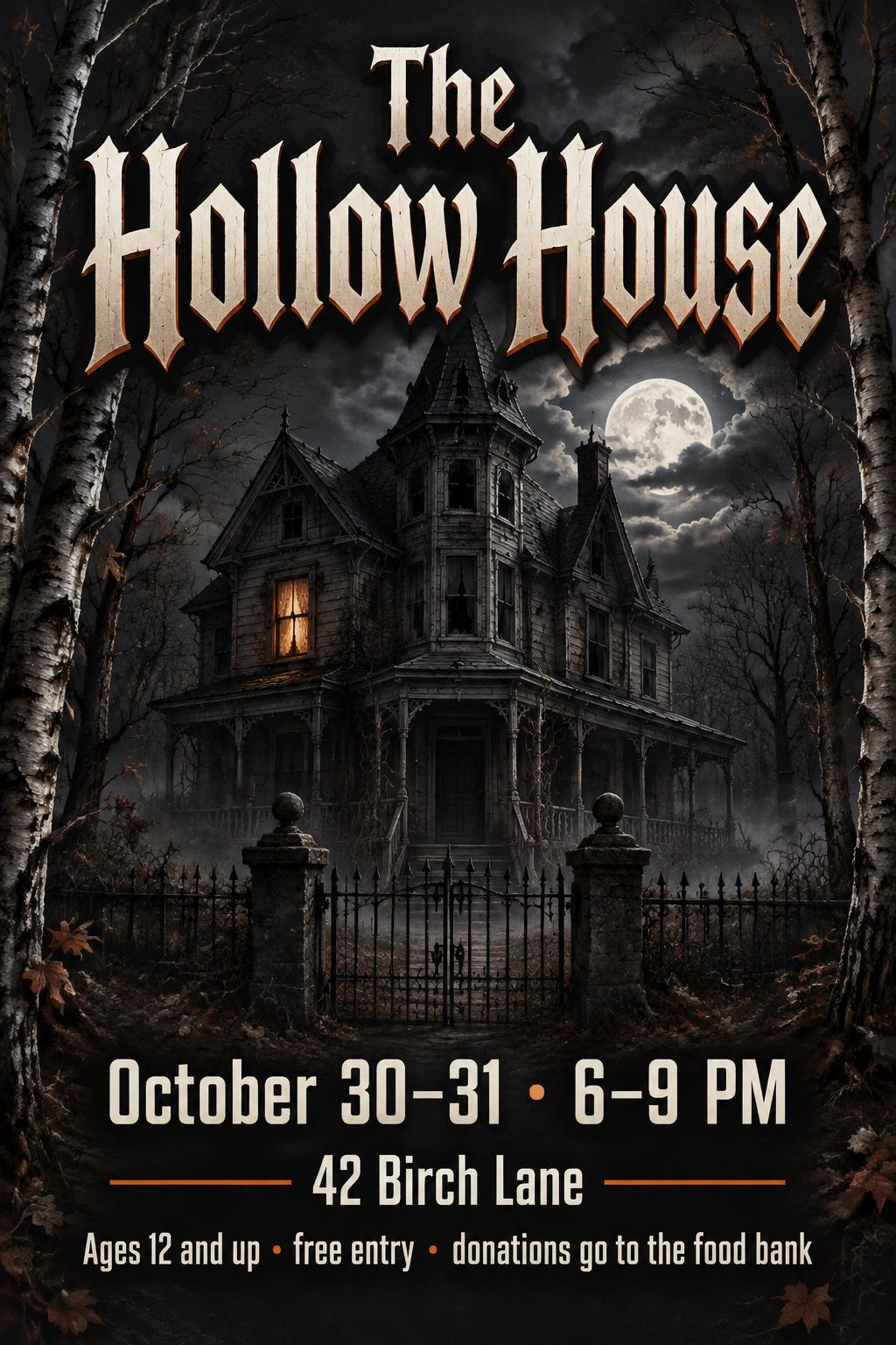 "The Hollow House
October 30–31 · 6–9 PM
42 Birch Lane
Ages 12 and up
free entry
donations go to the food bank" — Moonlit Haunted Victorian | AI Text Effect Generator