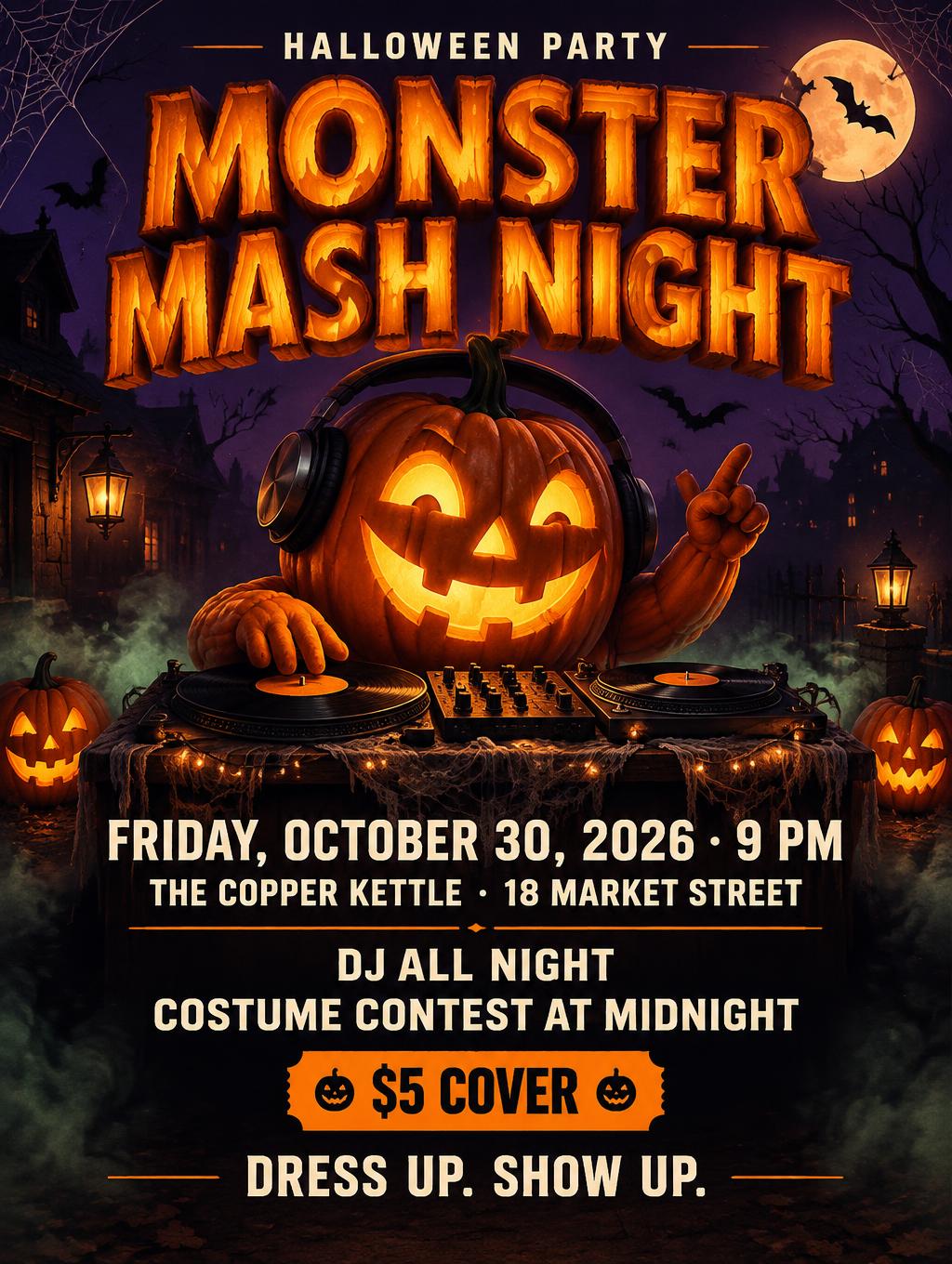 "HALLOWEEN PARTY
MONSTER MASH NIGHT
FRIDAY, OCTOBER 30, 2026 · 9 PM
THE COPPER KETTLE · 18 MARKET STREET
DJ ALL NIGHT
COSTUME CONTEST AT MIDNIGHT
CASH PRIZE
$5 COVER
DRESS UP. SHOW UP." — Halloween | AI Text Effect Generator