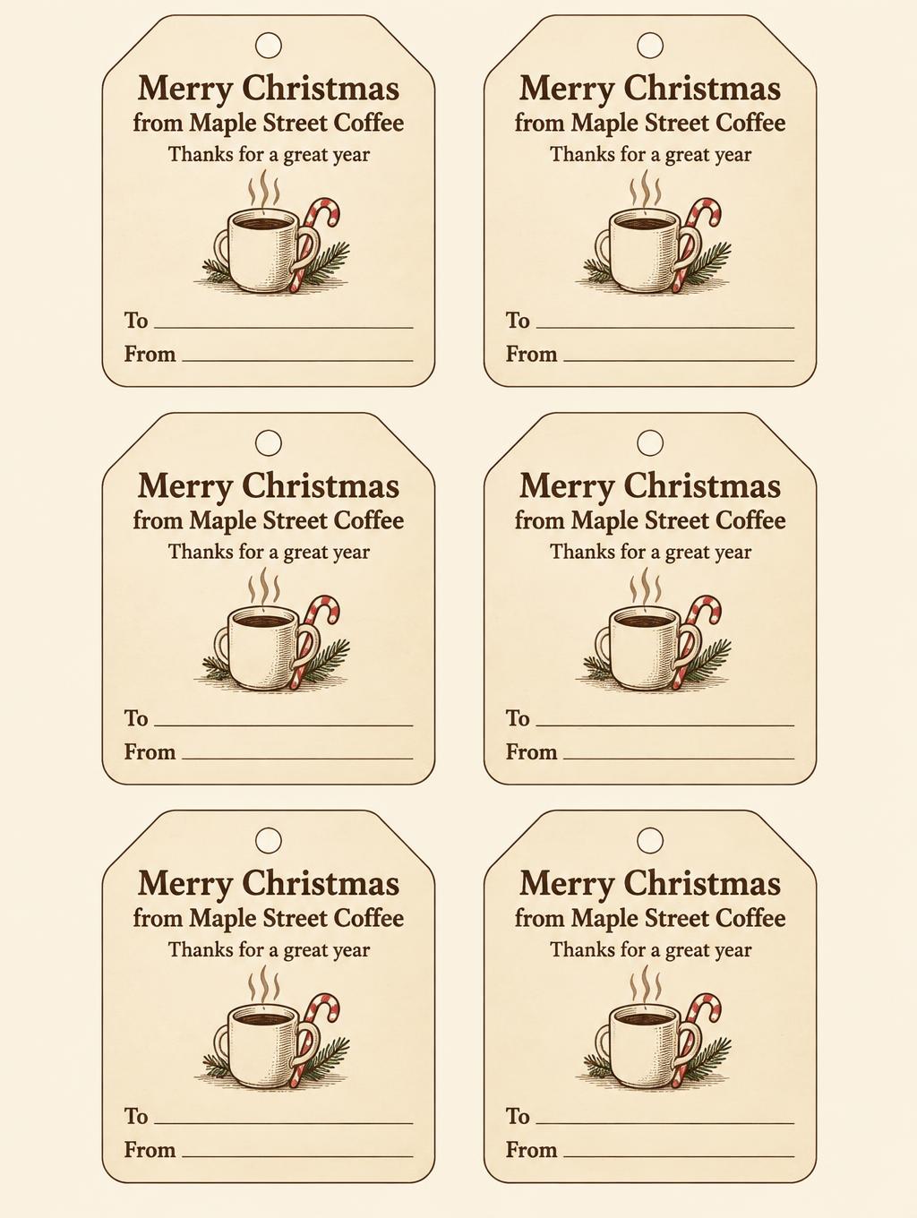 "Merry Christmas from Maple Street Coffee
Thanks for a great year
To
From" — Cocoa Holiday Label | AI Text Effect Generator