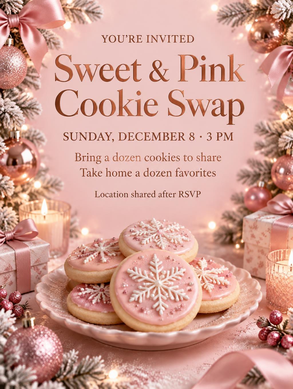 Sweet & Pink
Cookie Swap
YOU’RE INVITED
SUNDAY, DECEMBER 8 · 3 PM
Bring a dozen cookies to share
Take home a dozen favorites
Location shared after RSVP