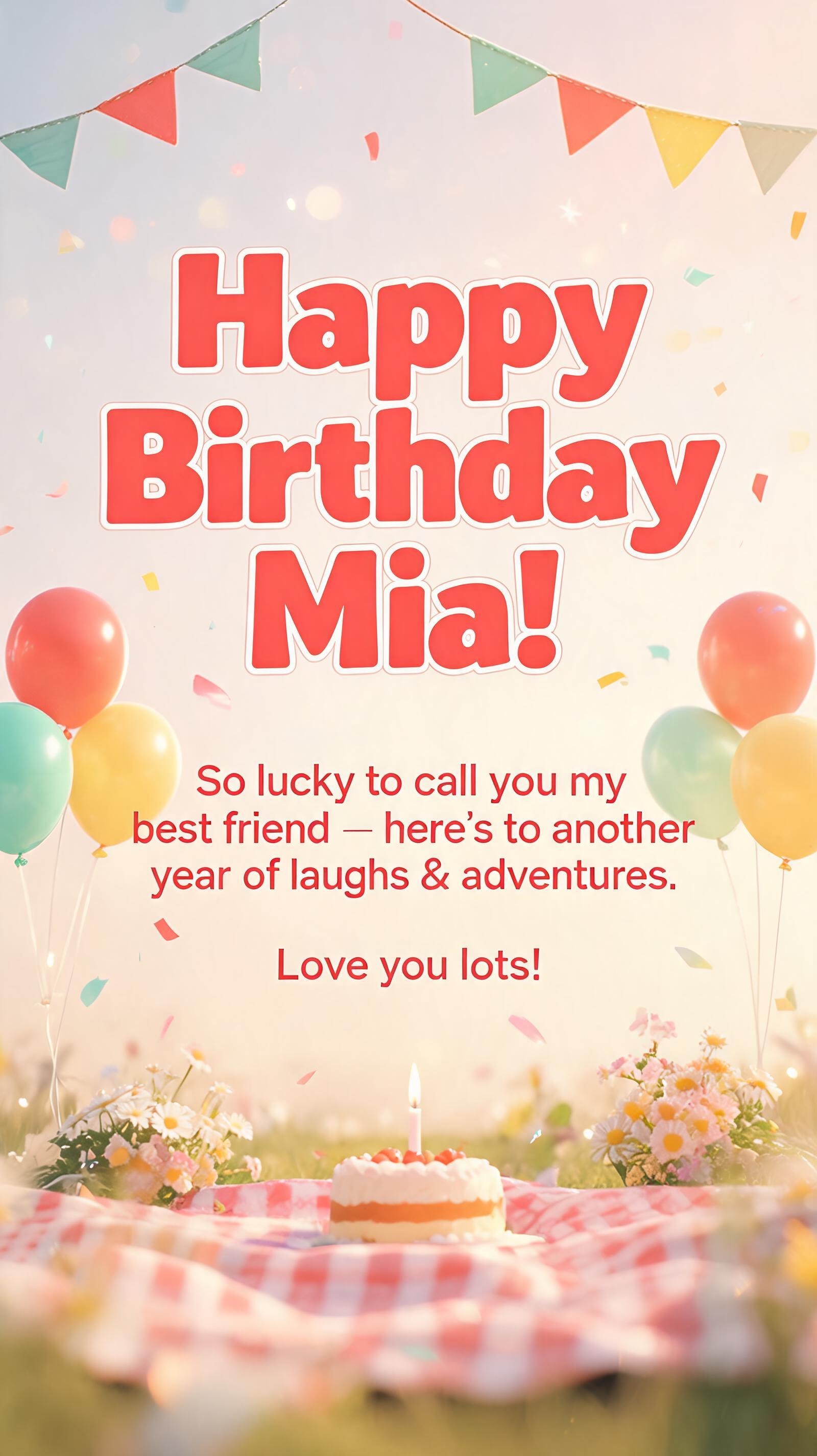 "Happy Birthday Mia!
So lucky to call you my best friend — here's to another year of laughs & adventures. Love you lots!" — Birthday | AI Text Effect Generator