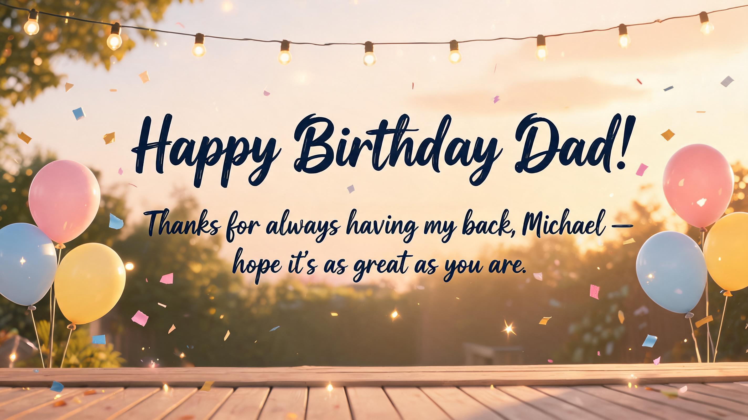 "Happy Birthday Dad!
Thanks for always having my back, Michael — hope it's as great as you are." — Birthday | AI Text Effect Generator