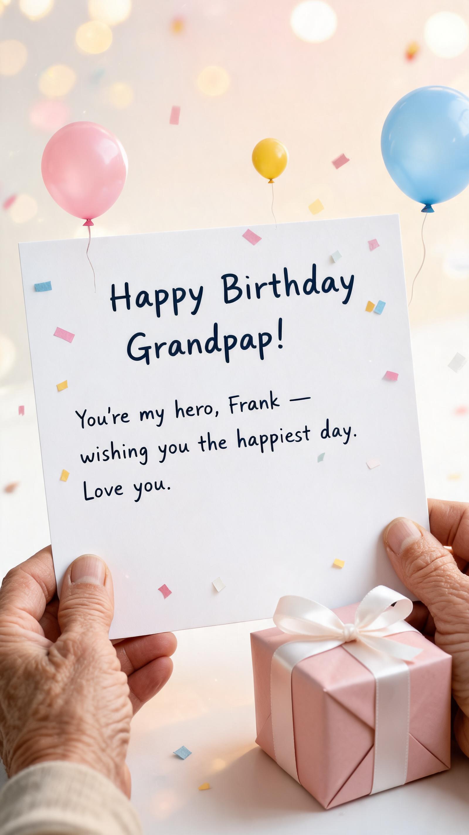 "Happy Birthday Grandpa!
You're my hero, Frank — wishing you the happiest day. Love you." — Birthday | AI Text Effect Generator