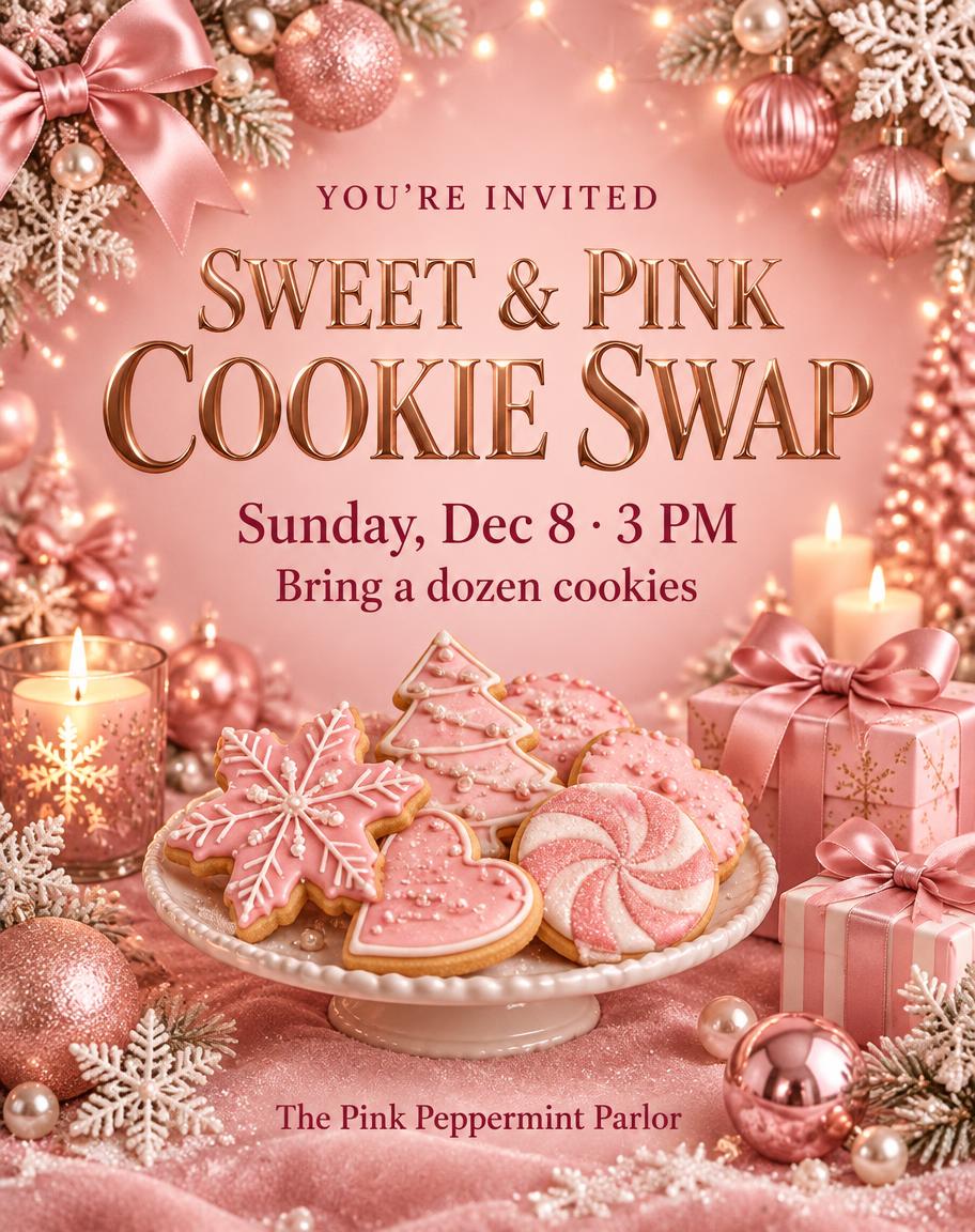 SWEET & PINK
COOKIE SWAP
YOU’RE INVITED
Sunday, Dec 8 · 3 PM
Bring a dozen cookies
The Pink Peppermint Parlor