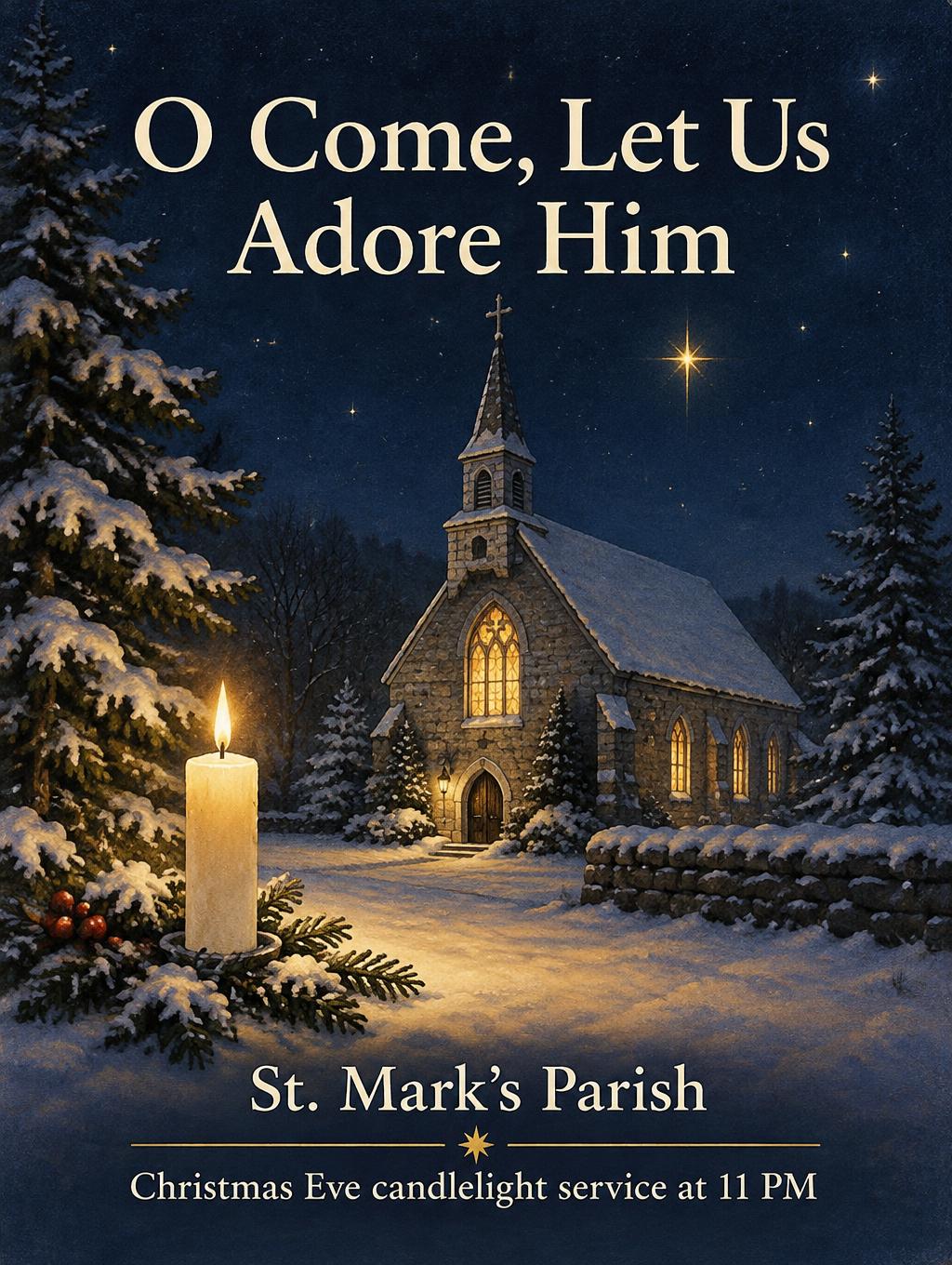 "O Come, Let Us Adore Him
St. Mark's Parish
Christmas Eve candlelight service at 11 PM" — Vintage Candlelit Winter | AI Text Effect Generator