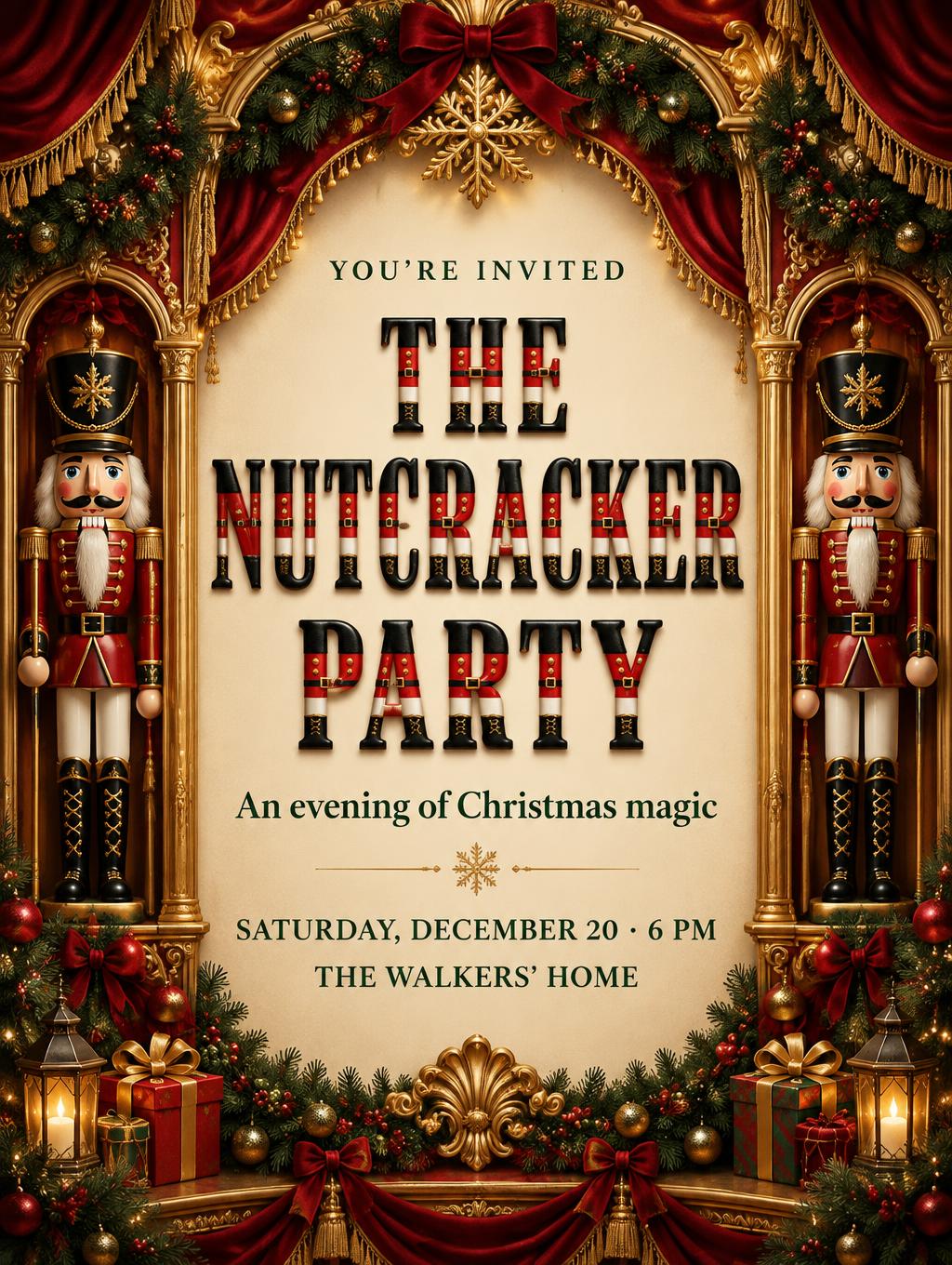 "THE NUTCRACKER PARTY
YOU'RE INVITED
An evening of Christmas magic
SATURDAY, DECEMBER 20 · 6 PM
THE WALKERS' HOME" — Nutcracker | AI Text Effect Generator
