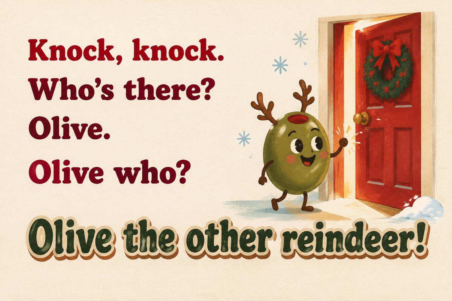 "Knock, knock.
Who's there?
Olive.
Olive who?
Olive the other reindeer!" — Storybook Doorstep | AI Text Effect Generator