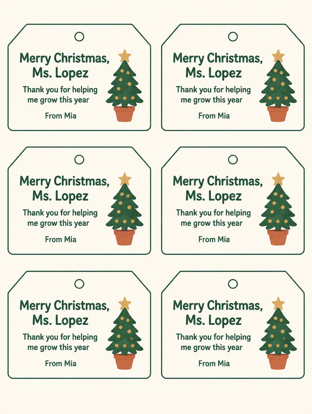 "Merry Christmas, Ms. Lopez
Thank you for helping me grow this year
From Mia" — Cheerful Paper Folk | AI Text Effect Generator
