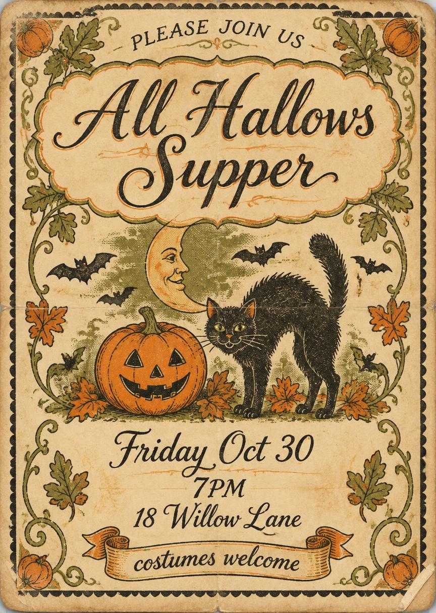 All Hallows
Supper
PLEASE JOIN US
Friday Oct 30
7PM
18 Willow Lane
costumes welcome