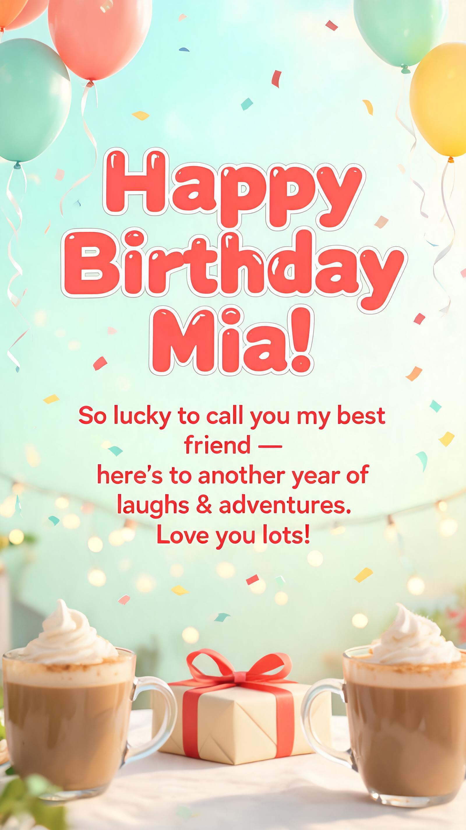 "Happy Birthday Mia!
So lucky to call you my best friend — here's to another year of laughs & adventures. Love you lots!" — Birthday | AI Text Effect Generator