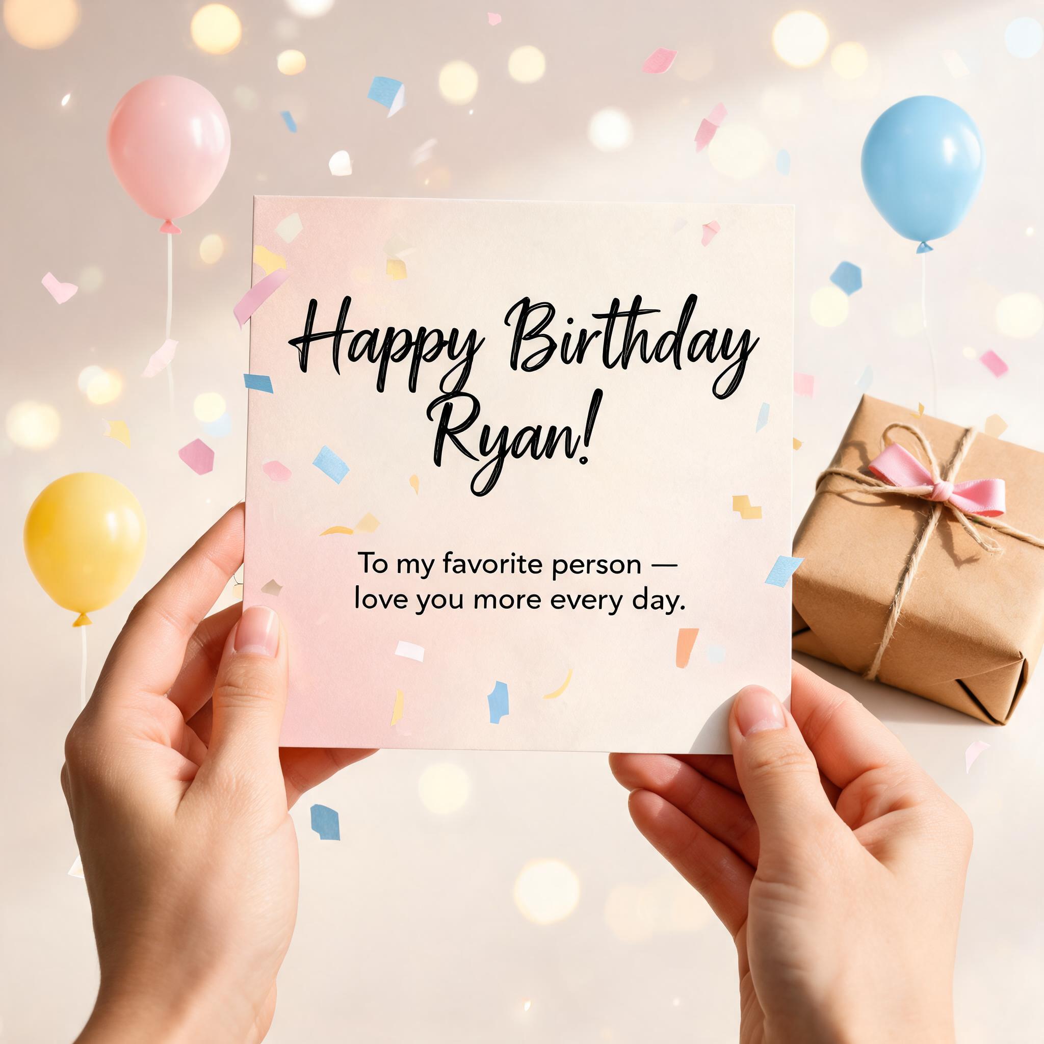 "Happy Birthday Ryan!
To my favorite person — love you more every day." — Birthday | AI Text Effect Generator