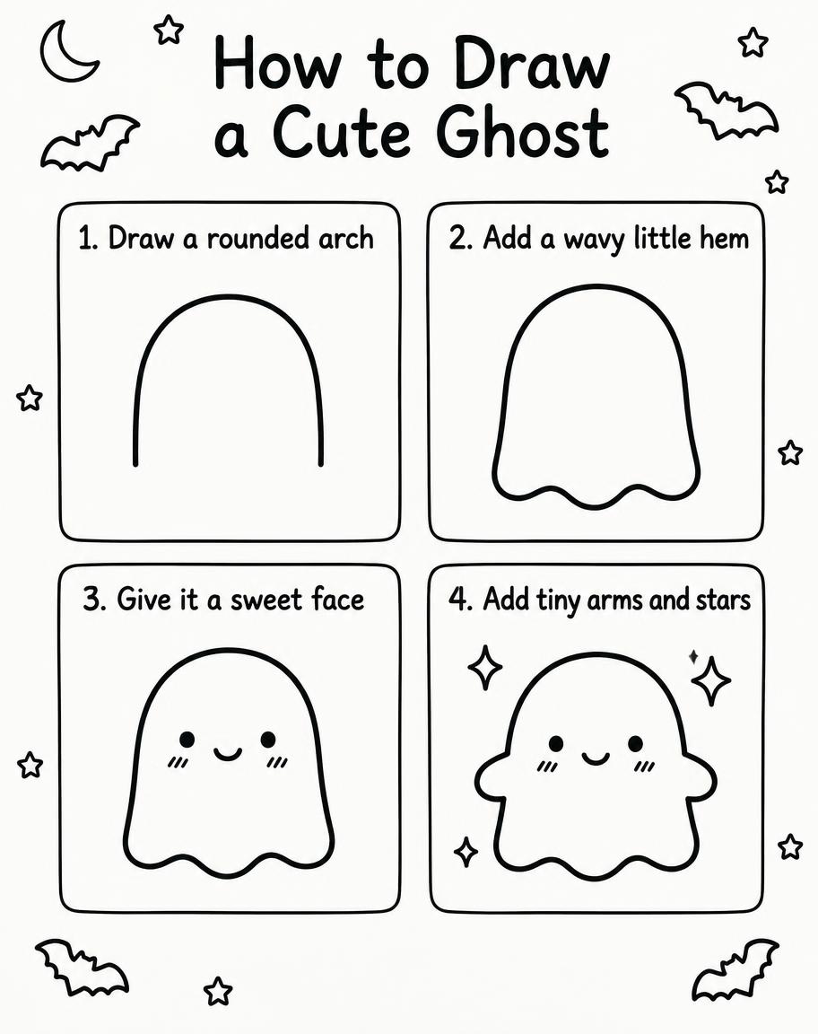 How to Draw a Cute Ghost
1. Draw a rounded arch
2. Add a wavy little hem
3. Give it a sweet face
4. Add tiny arms and stars