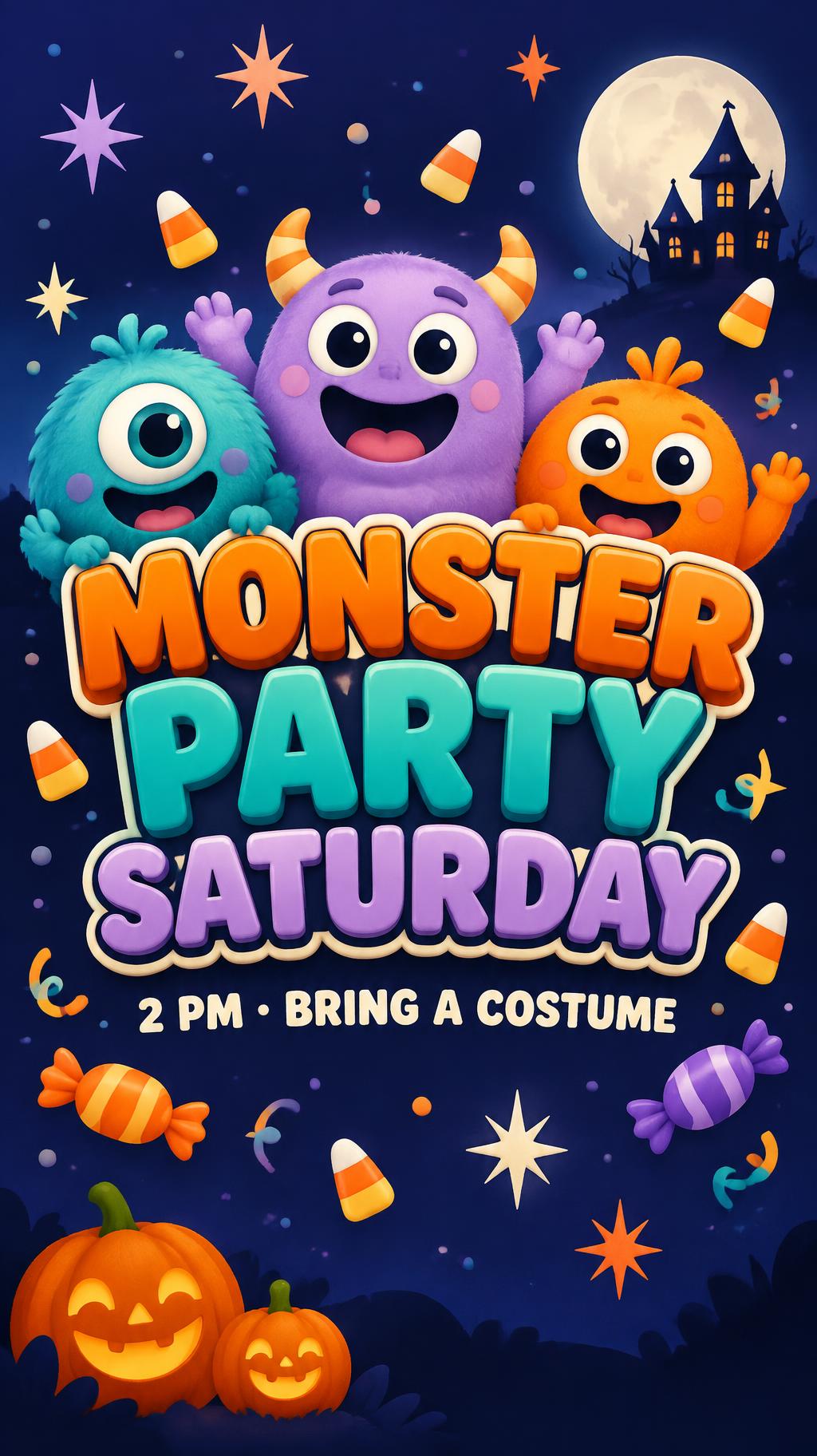 "MONSTER PARTY SATURDAY
2 PM · BRING A COSTUME" — Candy Monster Parade | AI Text Effect Generator