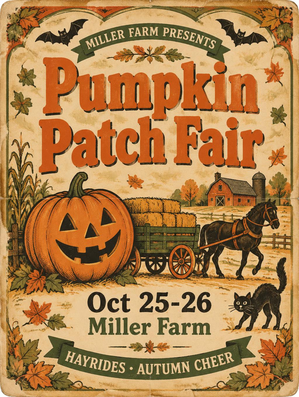 Pumpkin Patch Fair
Oct 25-26
Miller Farm
MILLER FARM PRESENTS
HAYRIDES • AUTUMN CHEER