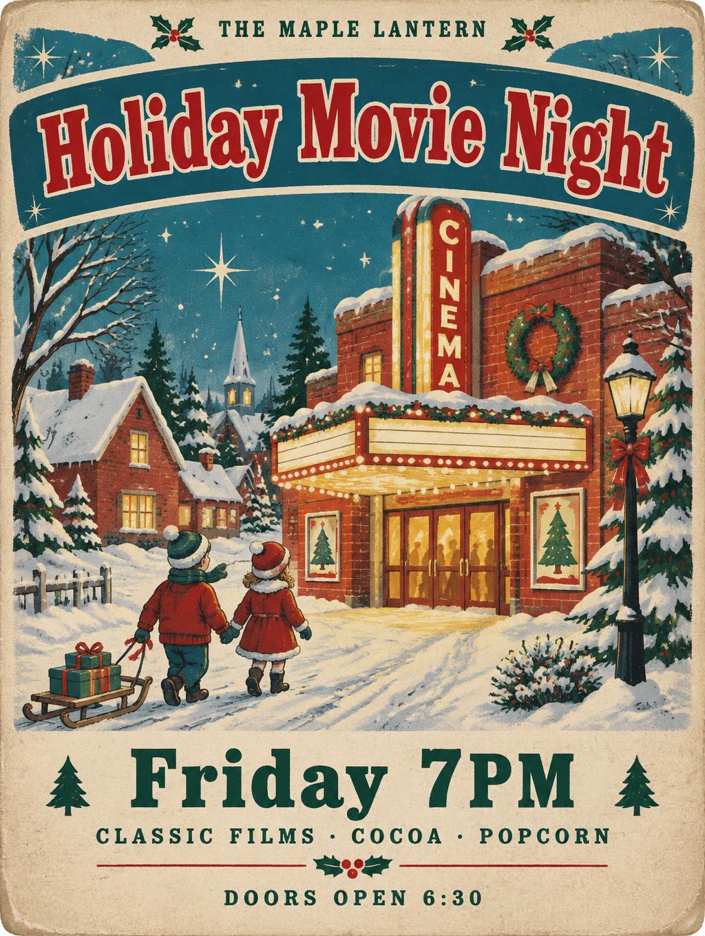"Holiday Movie Night
Friday 7PM
CLASSIC FILMS · COCOA · POPCORN
THE MAPLE LANTERN
DOORS OPEN 6:30" — Vintage Christmas | AI Text Effect Generator