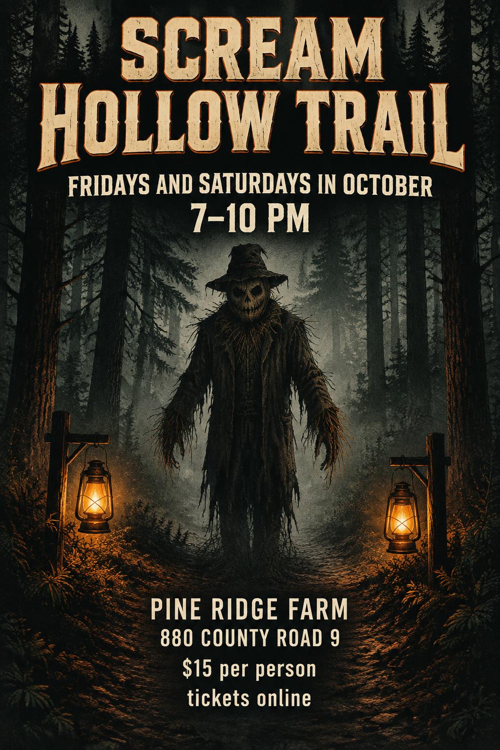 "Scream Hollow Trail
Fridays and Saturdays in October
7–10 PM
Pine Ridge Farm
880 County Road 9
$15 per person
tickets online" — Lantern Woodcut | AI Text Effect Generator