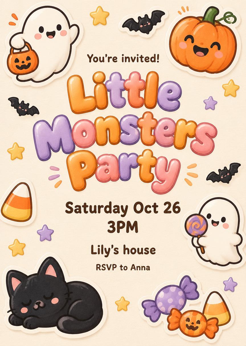 Little Monsters Party
Saturday Oct 26
3PM
Lily's house
RSVP to Anna
You're invited!