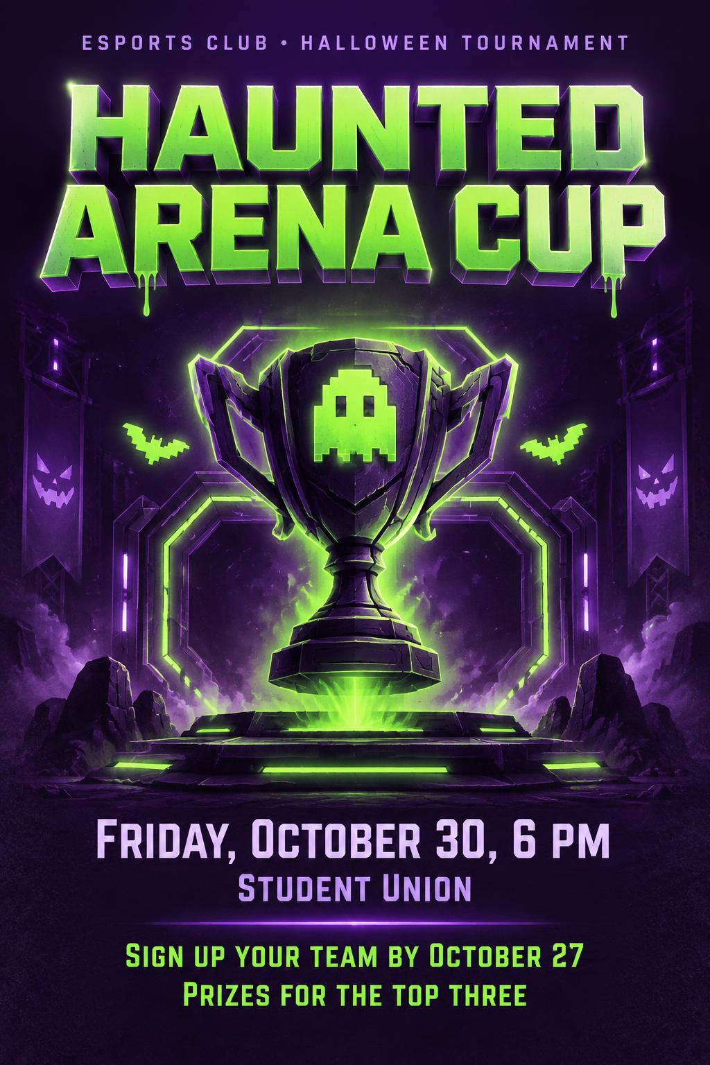 "Haunted Arena Cup
ESPORTS CLUB • HALLOWEEN TOURNAMENT
Friday, October 30, 6 PM
Student Union
Sign up your team by October 27
Prizes for the top three" — Portal Arcade Espectral | AI Text Effect Generator
