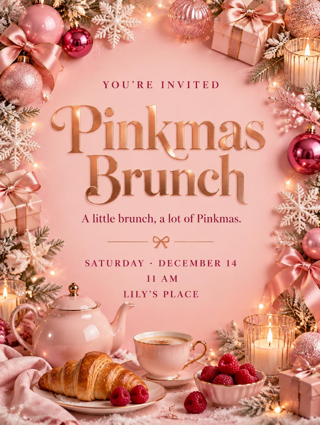 Pinkmas Brunch
YOU’RE INVITED
A little brunch, a lot of Pinkmas.
SATURDAY · DECEMBER 14
11 AM
LILY’S PLACE