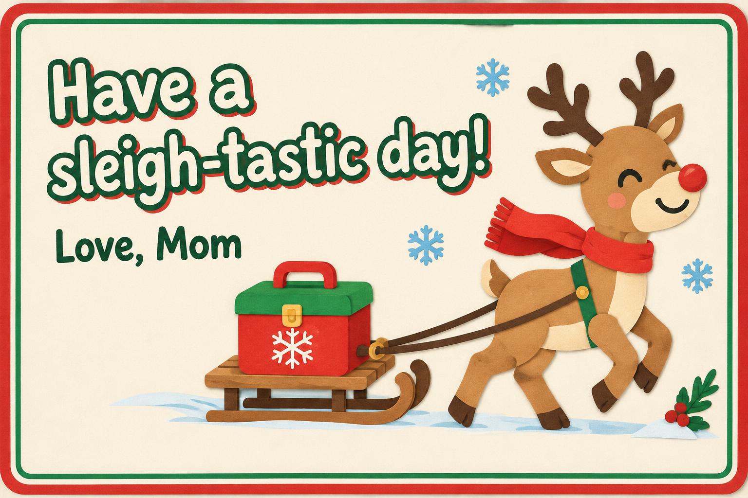 "Have a sleigh-tastic day!
Love, Mom" — Storybook Cut-Paper | AI Text Effect Generator