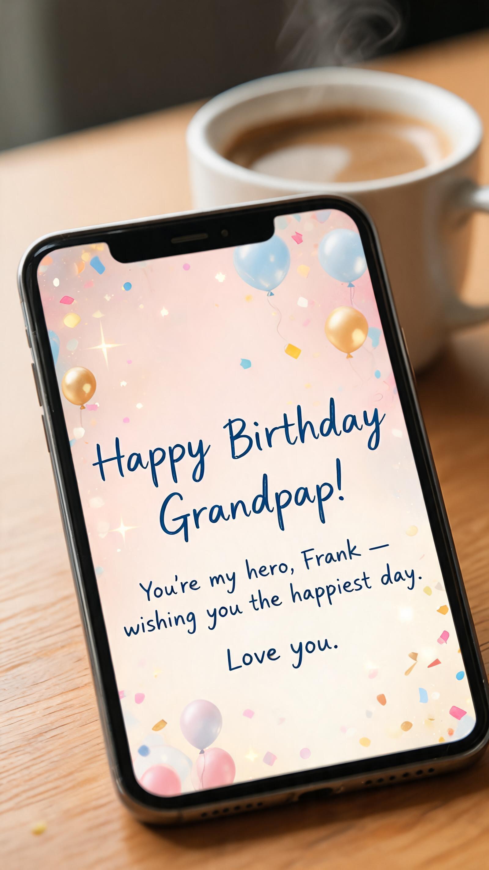 "Happy Birthday Grandpa!
You're my hero, Frank — wishing you the happiest day. Love you." — Birthday | AI Text Effect Generator