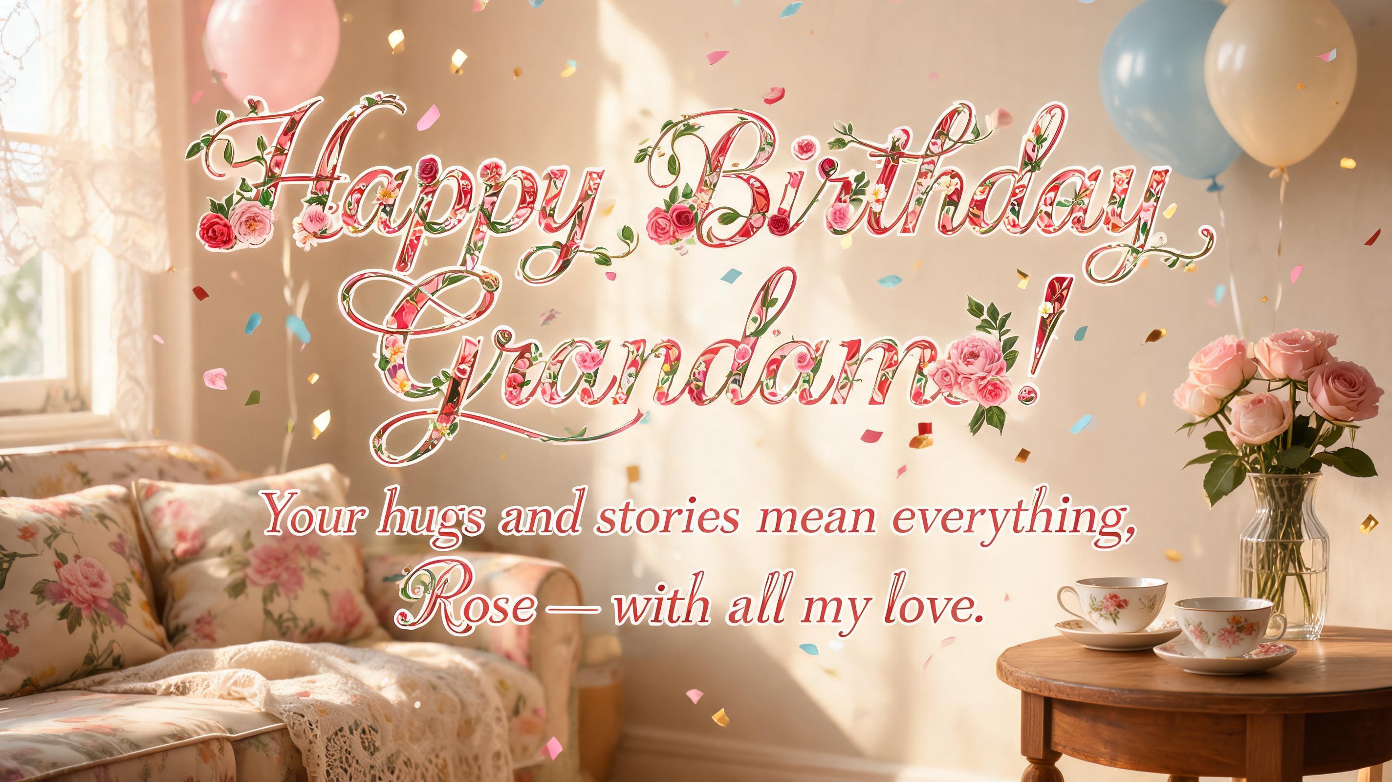 "Happy Birthday Grandma!
Your hugs and stories mean everything, Rose — with all my love." — Birthday | AI Text Effect Generator