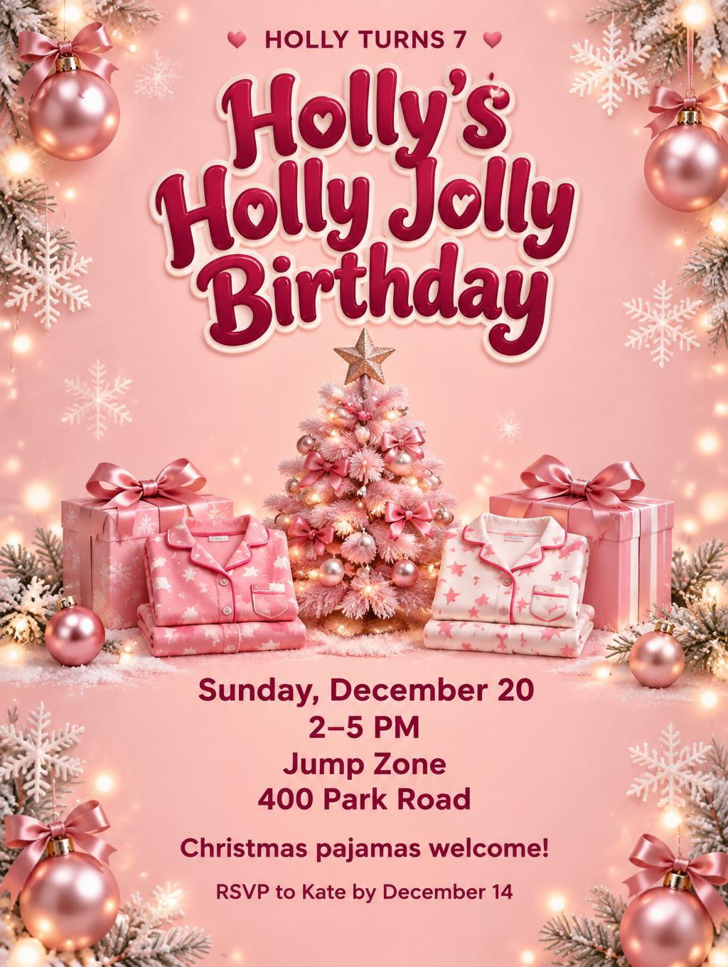 Holly's Holly Jolly Birthday
HOLLY TURNS 7
Sunday, December 20
2–5 PM
Jump Zone
400 Park Road
Christmas pajamas welcome!
RSVP to Kate by December 14 — Navidad rosa