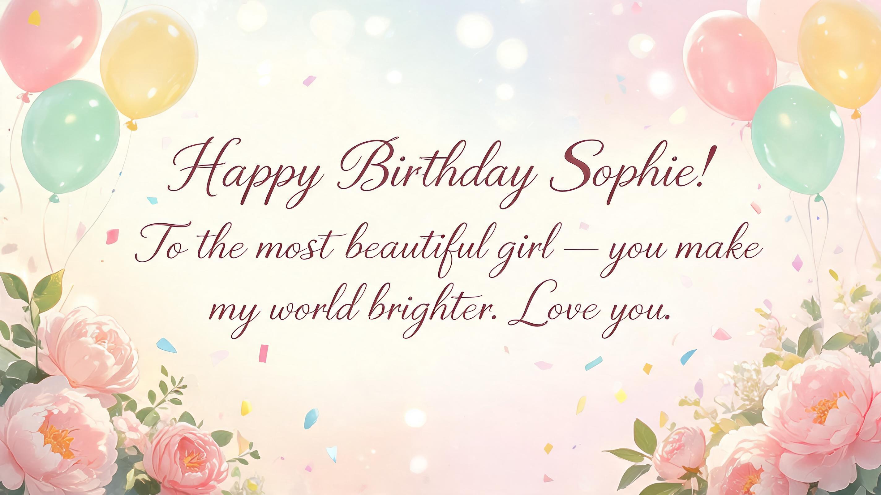 "Happy Birthday Sophie!
To the most beautiful girl — you make my world brighter. Love you." — Birthday | AI Text Effect Generator