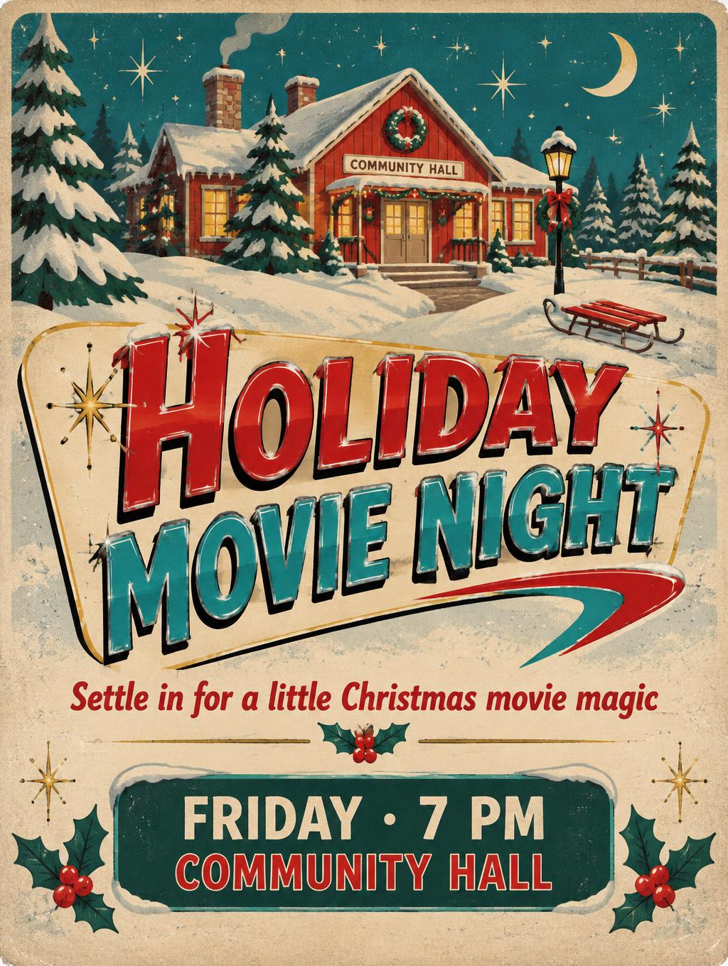 "HOLIDAY MOVIE NIGHT
Settle in for a little Christmas movie magic
FRIDAY · 7 PM
COMMUNITY HALL" — Vintage Christmas | AI Text Effect Generator