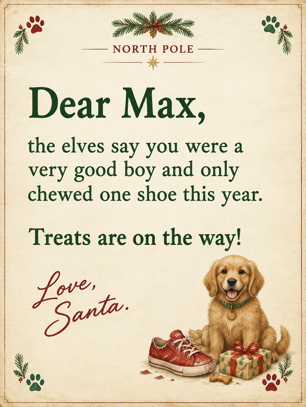 "NORTH POLE
Dear Max,
the elves say you were a very good boy and only chewed one shoe this year.
Treats are on the way!
Love, Santa." — Storybook Santa Stationery | AI Text Effect Generator
