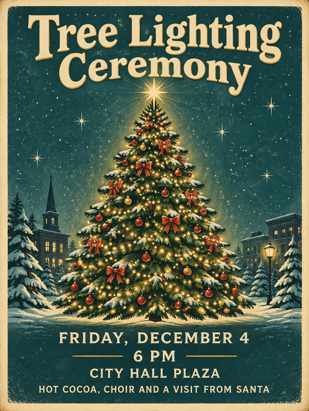 "Tree Lighting Ceremony
Friday, December 4
6 PM
City Hall Plaza
hot cocoa, choir and a visit from Santa" — Vintage Christmas | AI Text Effect Generator