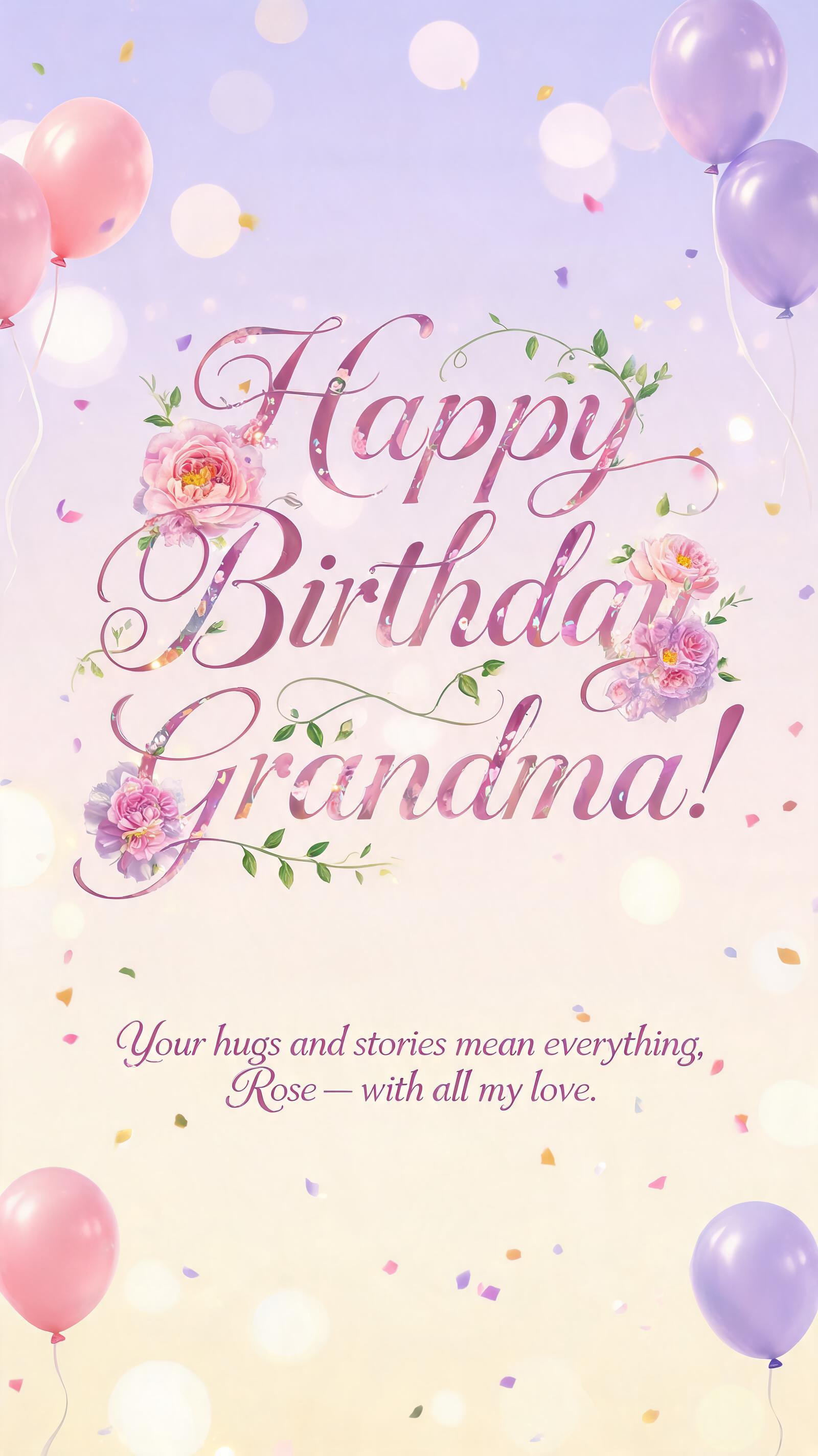 "Happy Birthday Grandma!
Your hugs and stories mean everything, Rose — with all my love." — Birthday | AI Text Effect Generator