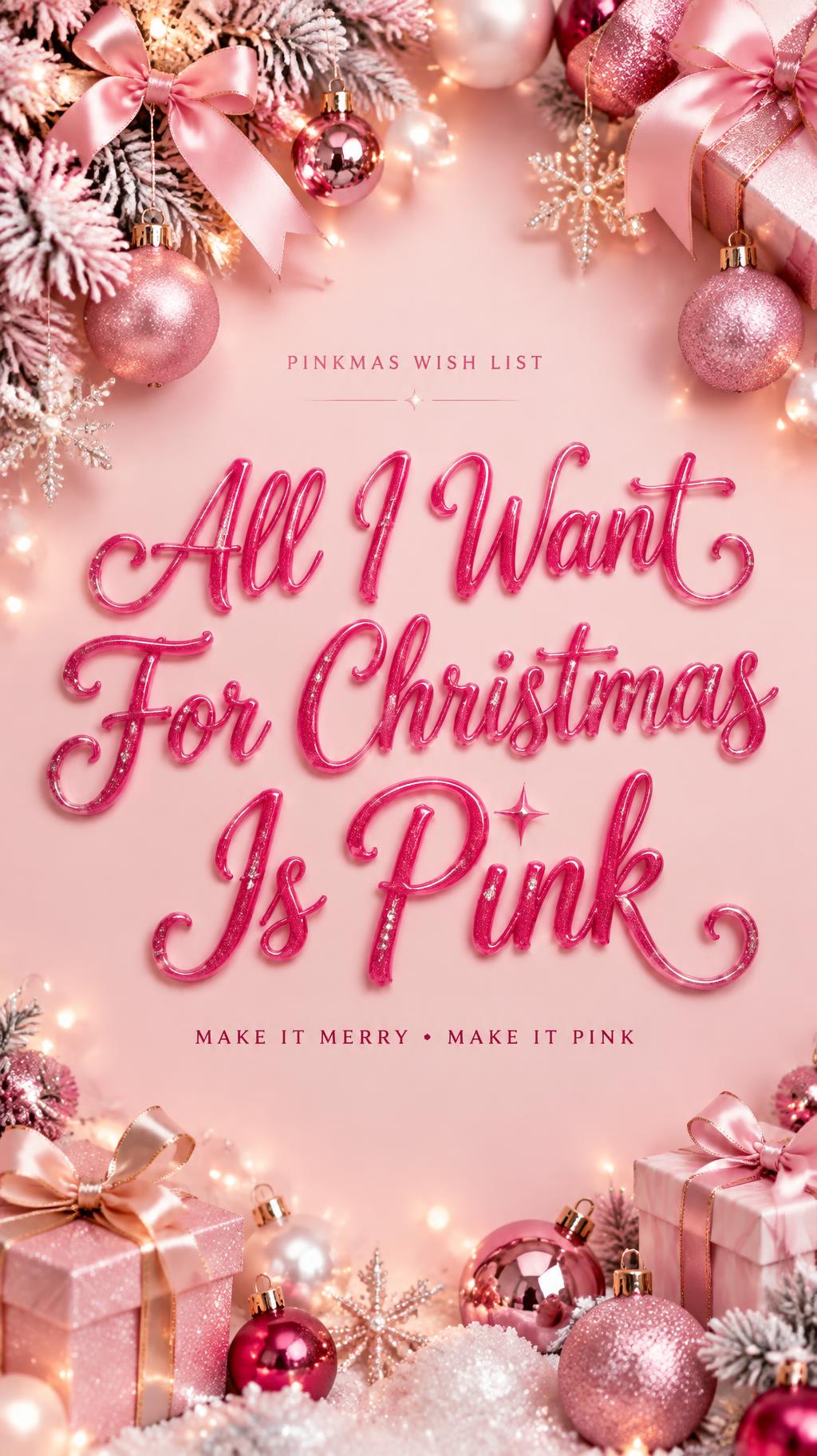 "All I Want For Christmas Is Pink
PINKMAS WISH LIST
MAKE IT MERRY • MAKE IT PINK" — Pink Christmas | AI Text Effect Generator