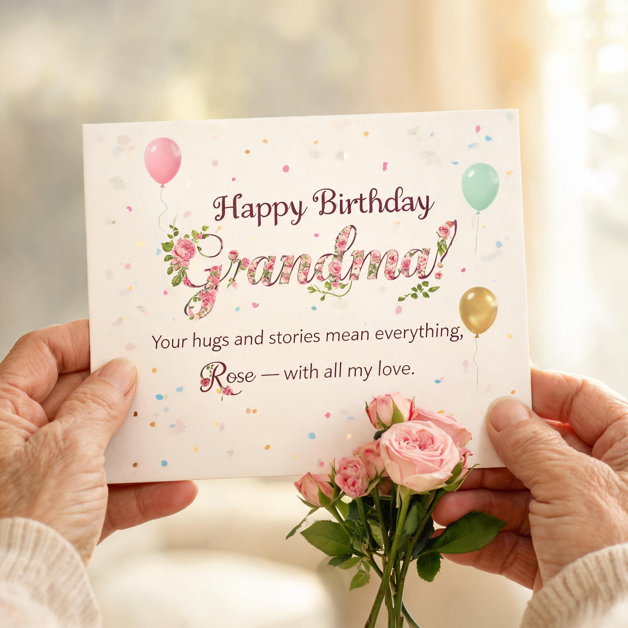 "Happy Birthday Grandma!
Your hugs and stories mean everything, Rose — with all my love." — Birthday | AI Text Effect Generator