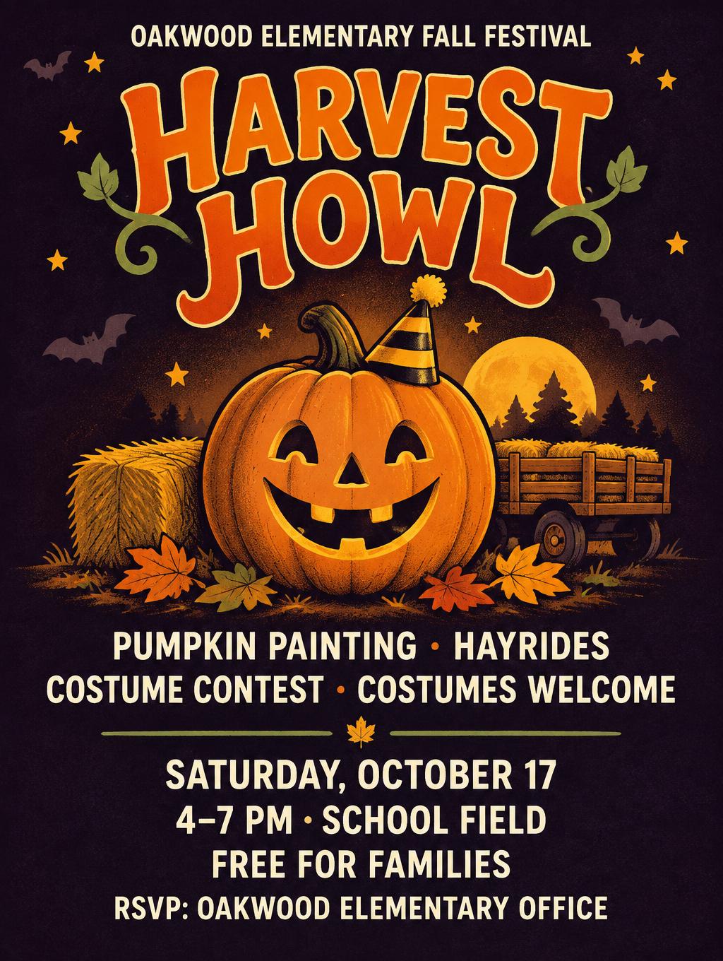 "HARVEST HOWL
OAKWOOD ELEMENTARY FALL FESTIVAL
PUMPKIN PAINTING · HAYRIDES
COSTUME CONTEST · COSTUMES WELCOME
SATURDAY, OCTOBER 17
4–7 PM · SCHOOL FIELD
FREE FOR FAMILIES
RSVP: OAKWOOD ELEMENTARY OFFICE" —  | AI Text Effect Generator