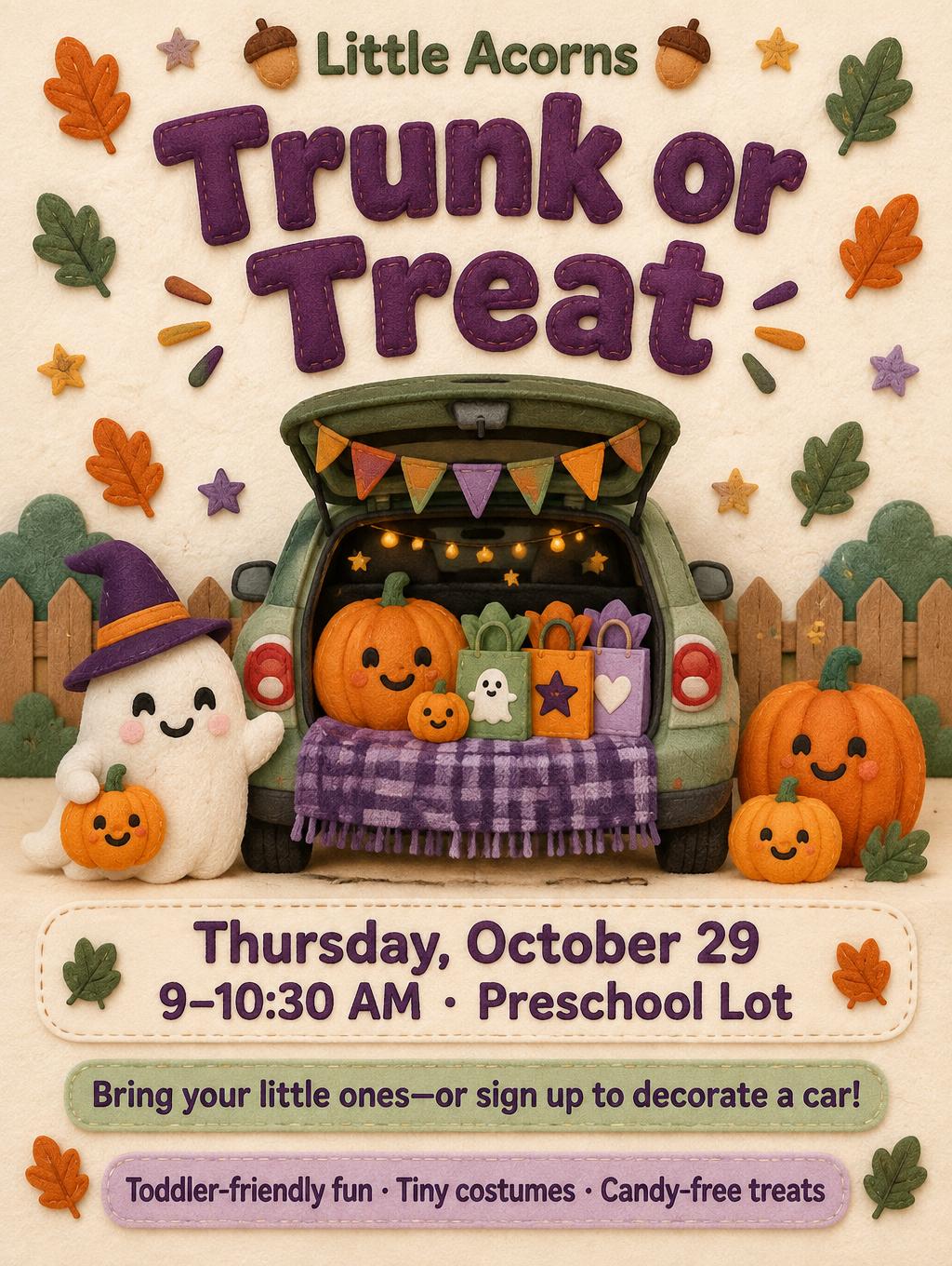 "Little Acorns
Trunk or Treat
Thursday, October 29
9–10:30 AM · Preschool Lot
Bring your little ones—or sign up to decorate a car!
Toddler-friendly fun · Tiny costumes · Candy-free treats" — Plush Felt Halloween | AI Text Effect Generator