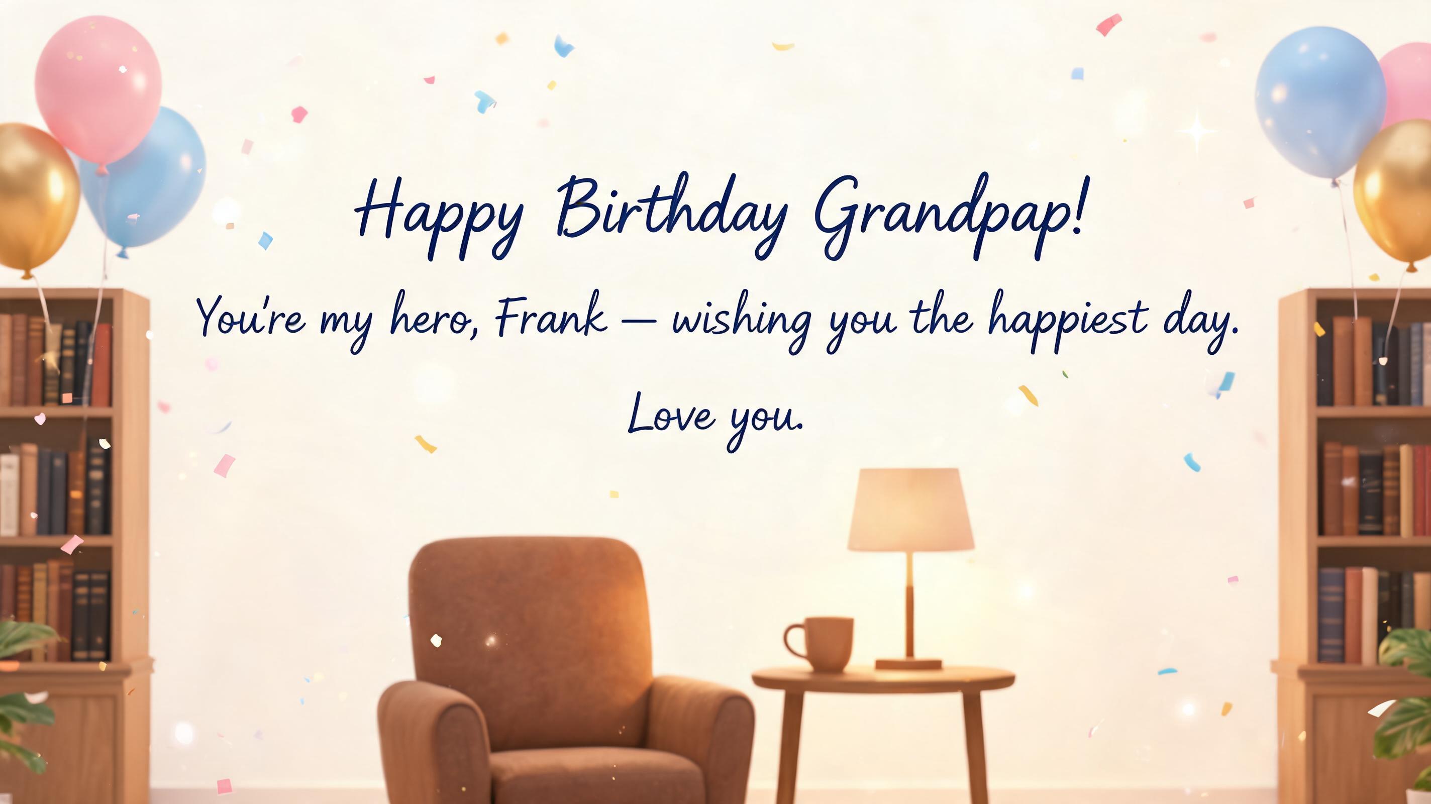 "Happy Birthday Grandpa!
You're my hero, Frank — wishing you the happiest day. Love you." — Birthday | AI Text Effect Generator