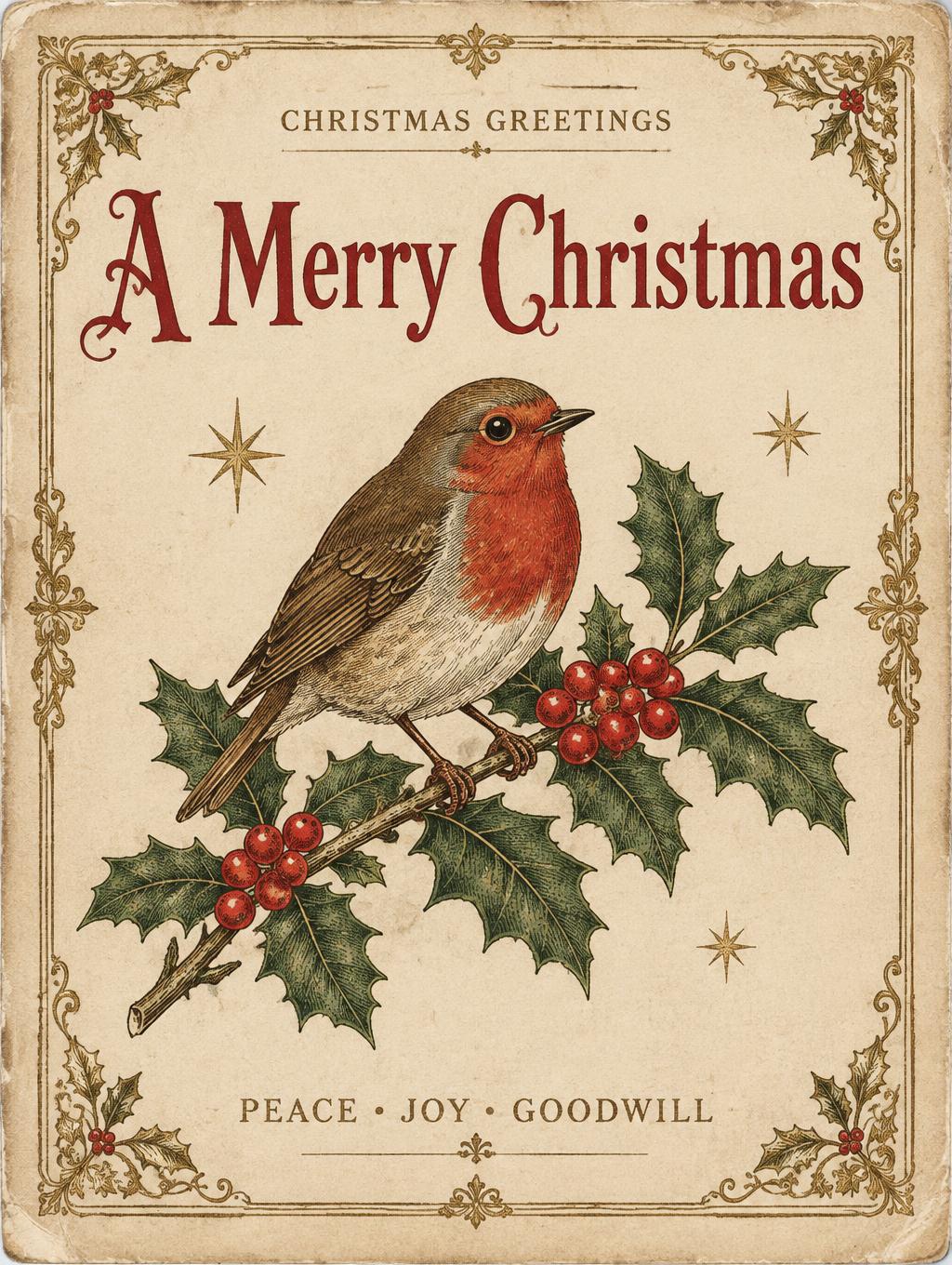 "A Merry Christmas
CHRISTMAS GREETINGS
PEACE • JOY • GOODWILL" — Vintage Christmas | AI Text Effect Generator