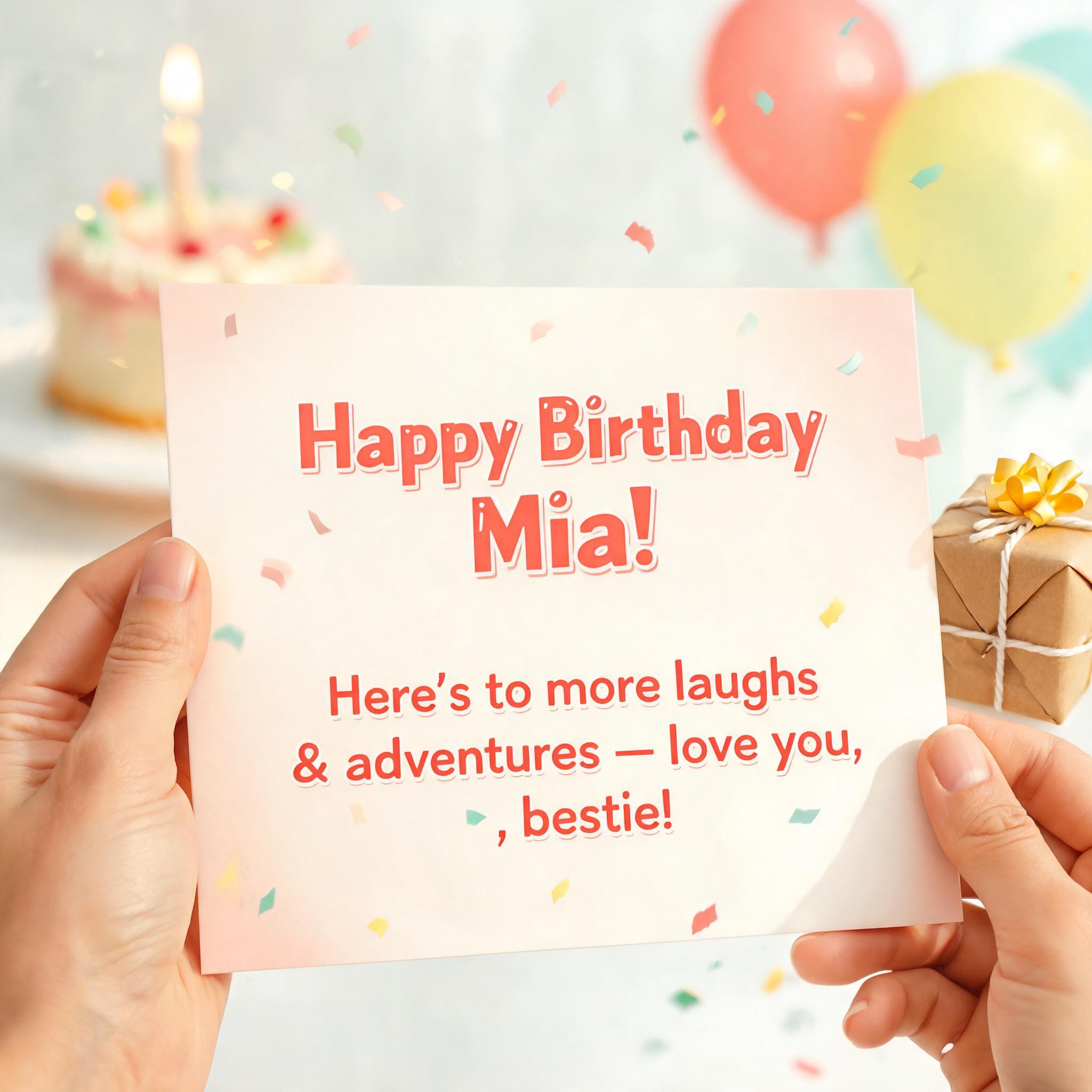 "Happy Birthday Mia!
Here's to more laughs & adventures — love you, bestie!" — Birthday | AI Text Effect Generator