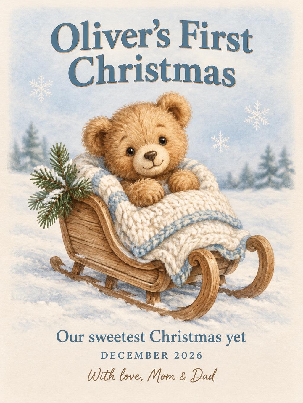 "Oliver's First Christmas
Our sweetest Christmas yet
December 2026
With love, Mom & Dad" — Winter Storybook | AI Text Effect Generator