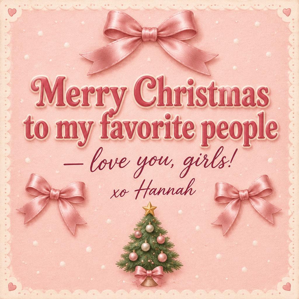 "Merry Christmas
to my favorite people
— love you, girls!
xo Hannah" — Blush Satin Christmas | AI Text Effect Generator