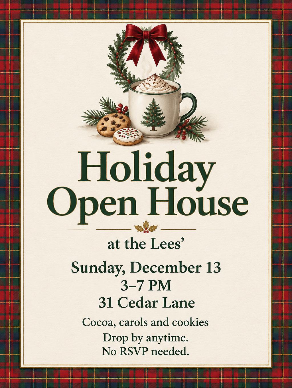Holiday Open House
at the Lees'
Sunday, December 13
3–7 PM
31 Cedar Lane
Cocoa, carols and cookies
Drop by anytime.
No RSVP needed.