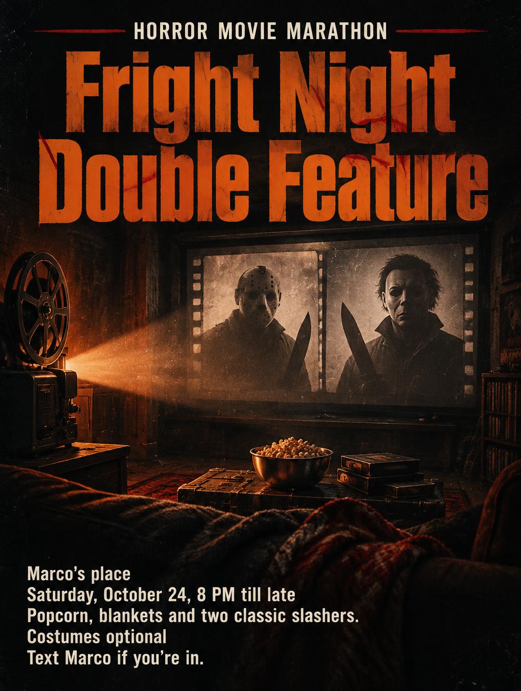 "HORROR MOVIE MARATHON
Fright Night
Double Feature
Marco's place
Saturday, October 24, 8 PM till late
Popcorn, blankets and two classic slashers.
Costumes optional
Text Marco if you're in." —  | AI Text Effect Generator