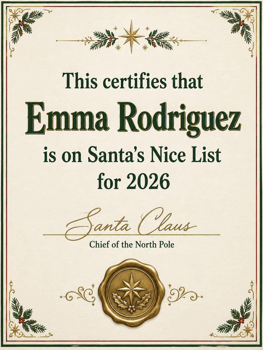 "This certifies that Emma Rodriguez is on Santa's Nice List for 2026
Santa Claus
Chief of the North Pole" — Engraved Holiday Stationery | AI Text Effect Generator